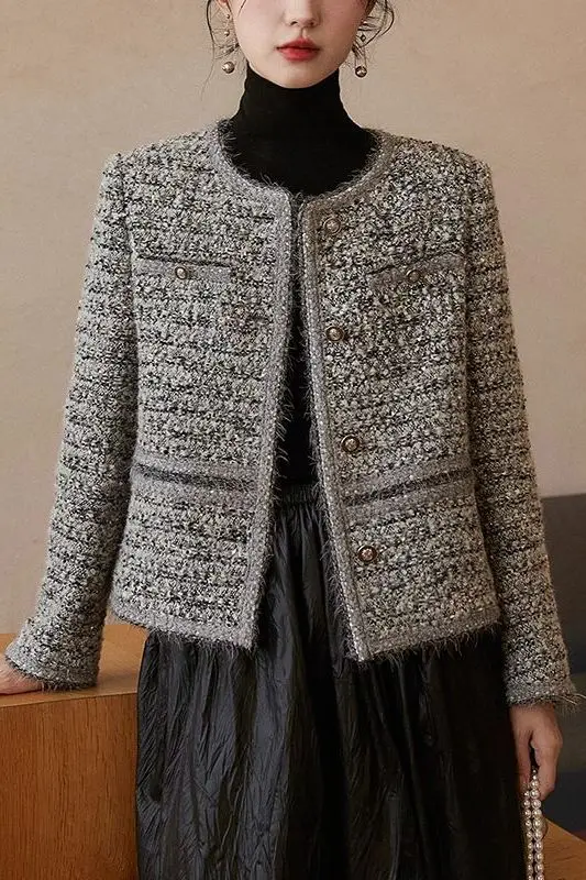 

French Heavy Knit Tweed Blazer Women's Spring Fall 2025 Round Neck Cropped Jackets Artisan Woven Elegant Boucle Short Outerwear