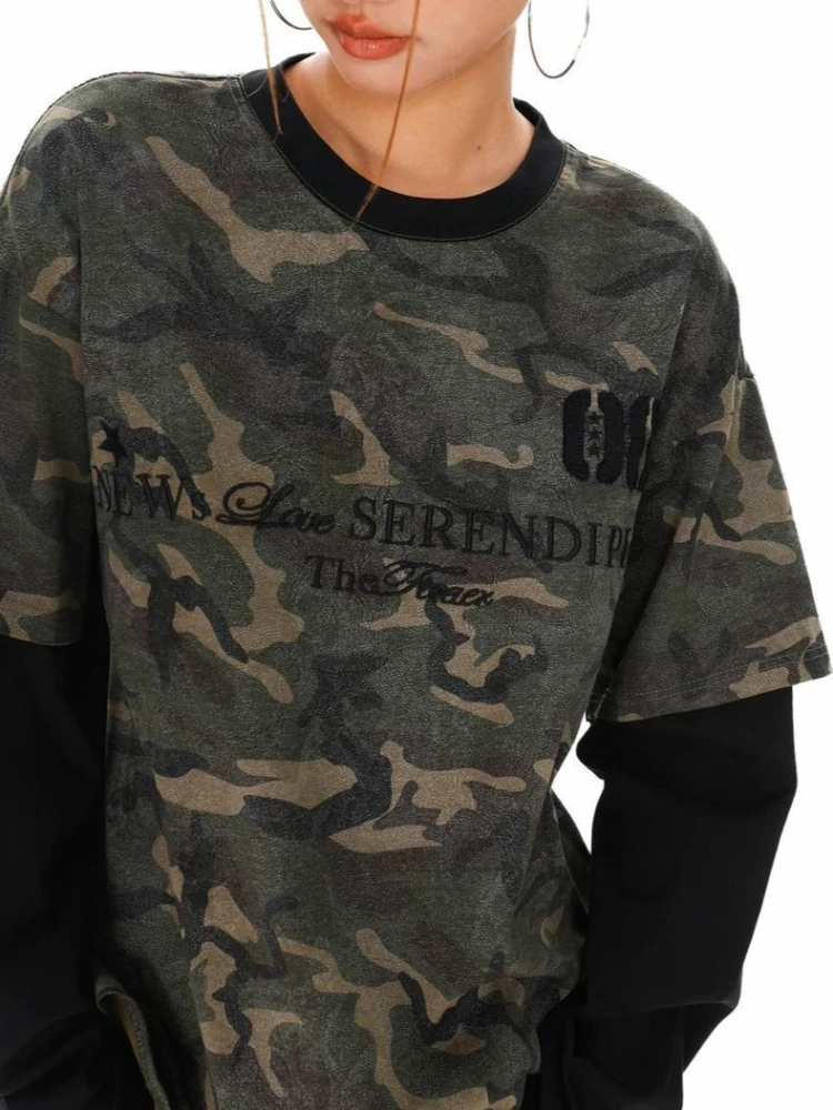Deeptown Vintage Letter Print Camouflage Women Man Fake Two Piece T-Shirts Long Sleeve American Style Oversized Tees Hip Hop