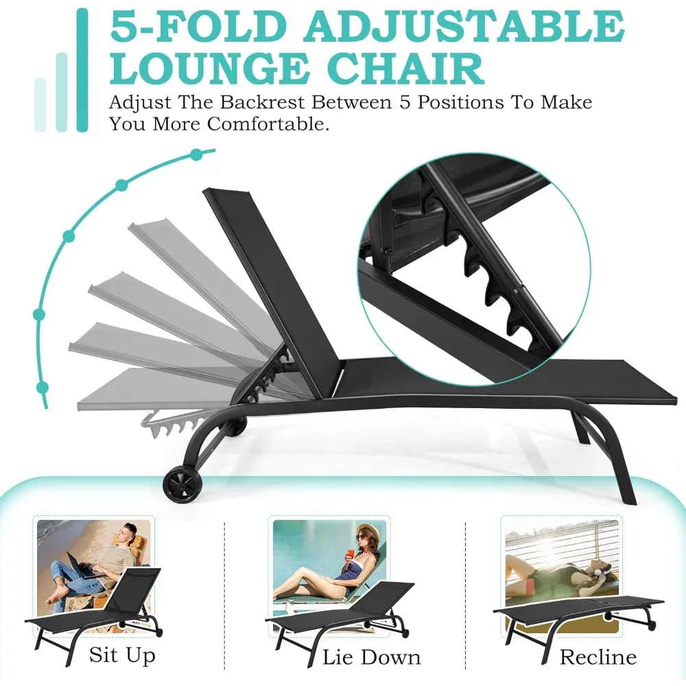 طقم كراسي صالة خارجية كبيرة الحجم مكون من قطعتين مع مسند ظهر قابل للتعديل، مقاومة للماء، بعجلات لسهولة الحركة #6