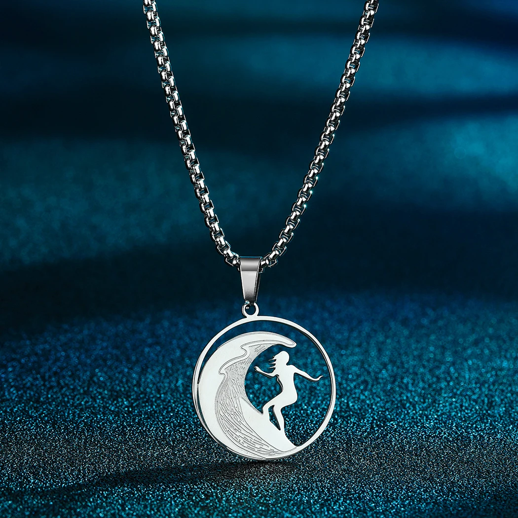 Stainless Steel Surfer Girl Pendant Necklace for Men Women Surfer on Wave Charm Chain Summer Beach Surfing Hobby Jewelry Gift