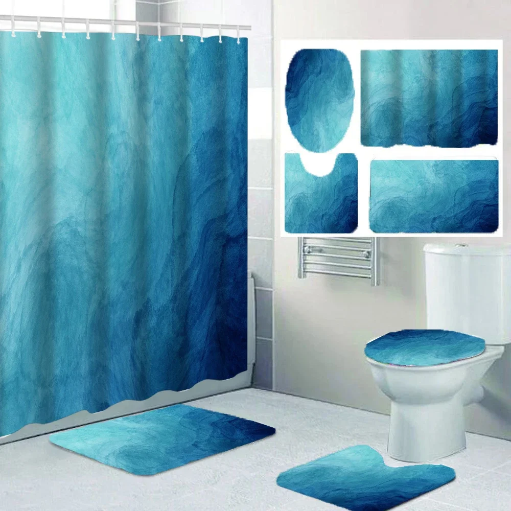 1/4 set seawater Bathroom Curtains, Toilet Seat Decoration, Shower Curtain with Carpet and Toilet Lid, 12 70.8x70.8 inch Hooks