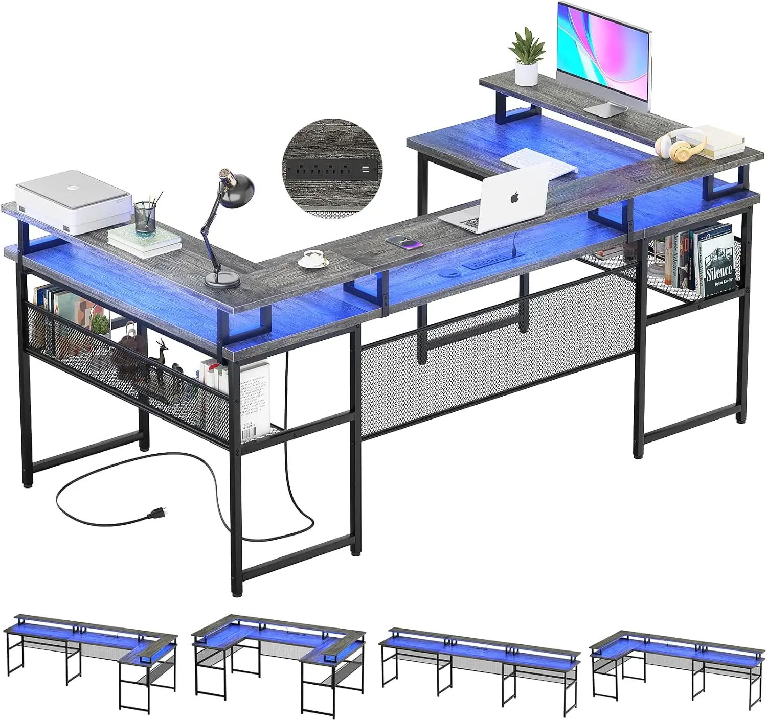 

Unikito U Shaped Computer Desks, Reversible Office Desk with LED Strip and Power Outlets, L Shaped Table with Full Monitor Stand