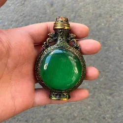 Antique Handmade Double-sided Copper Inlaid Emerald Snuff Bottle Handle