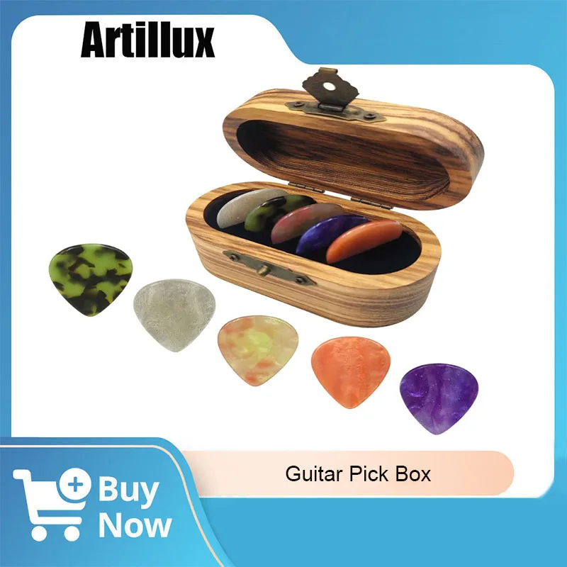 1Pc Wood Guitar Pick Case Set With 5Pcs Random Resin Pick Mini Guitar Pick Holder For Guitar Ukulele Professionals Beginners