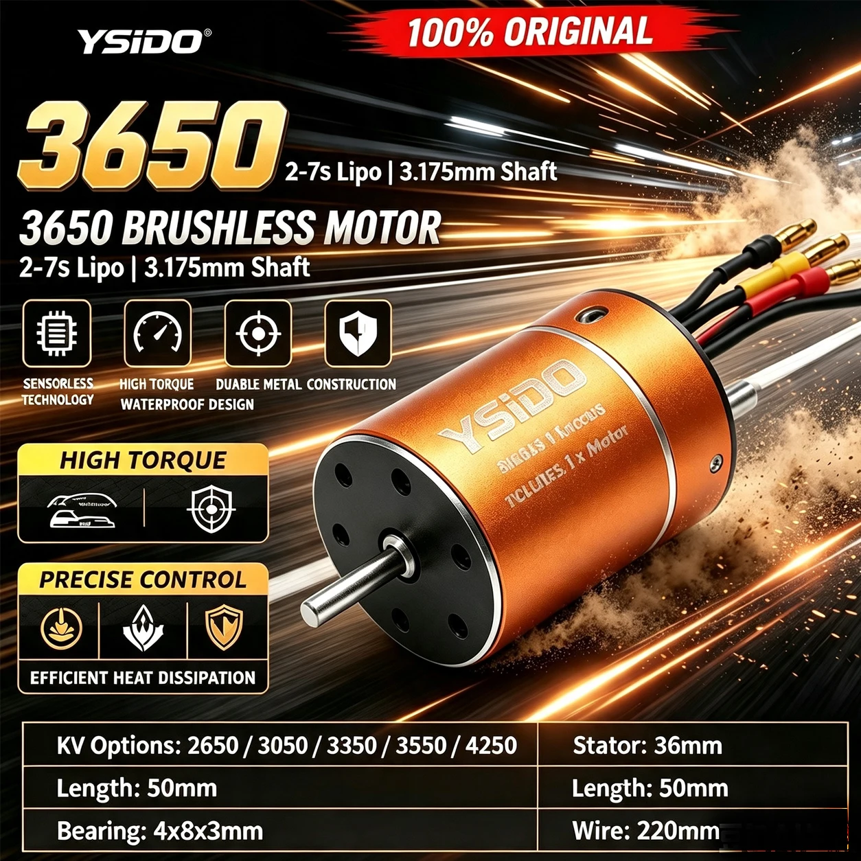 YSIDO 3650 Brushless Motor 2-7S Lipo 3.175mm Shaft For 1/10 Scale RC Touring Buggy Short Course Truck Car RC Boat Parts & Accs