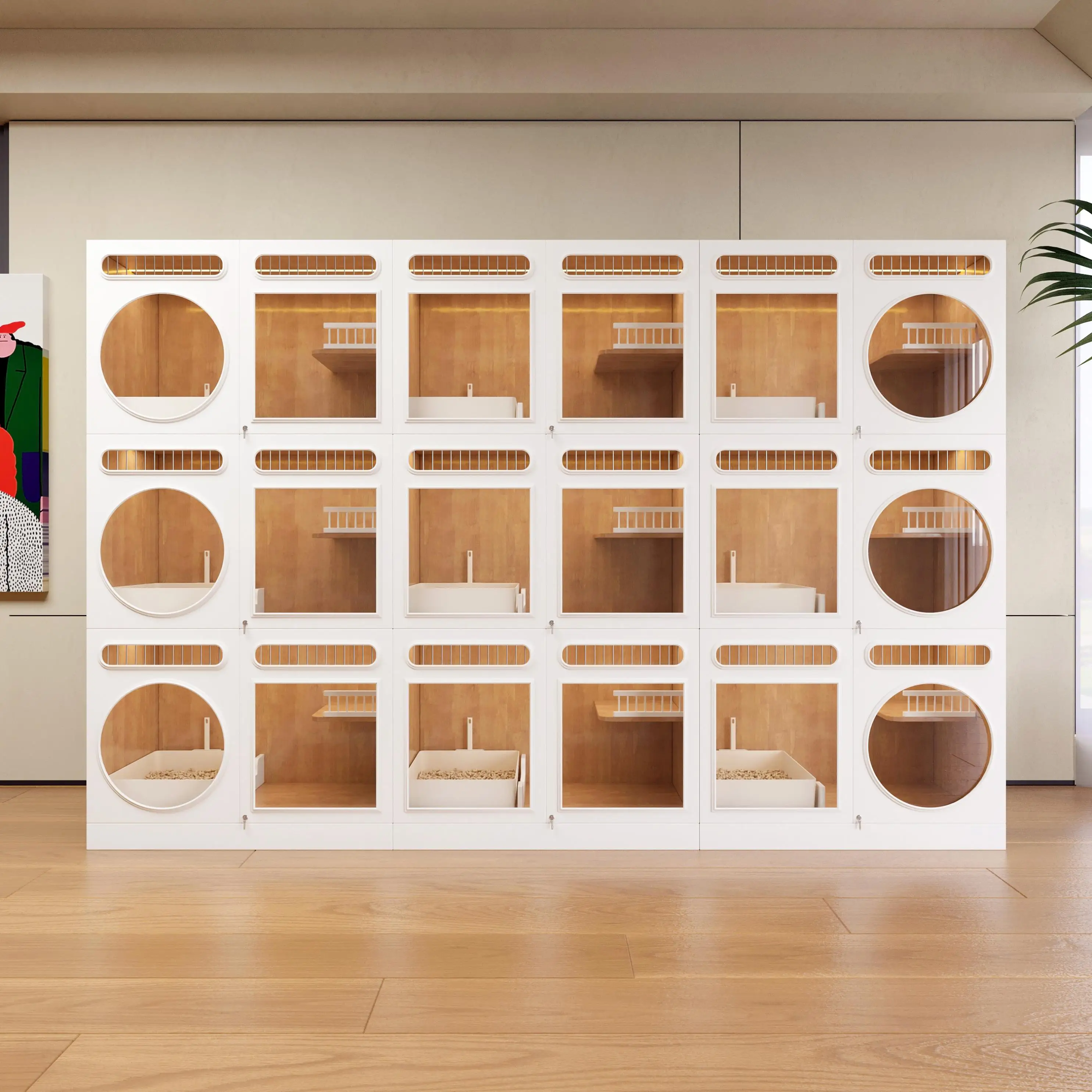 

Modern Multi-Room Wooden Cat House Factory-Price Customizable Pet Furniture Animal Pattern Snap Button Outdoor Living for Dogs