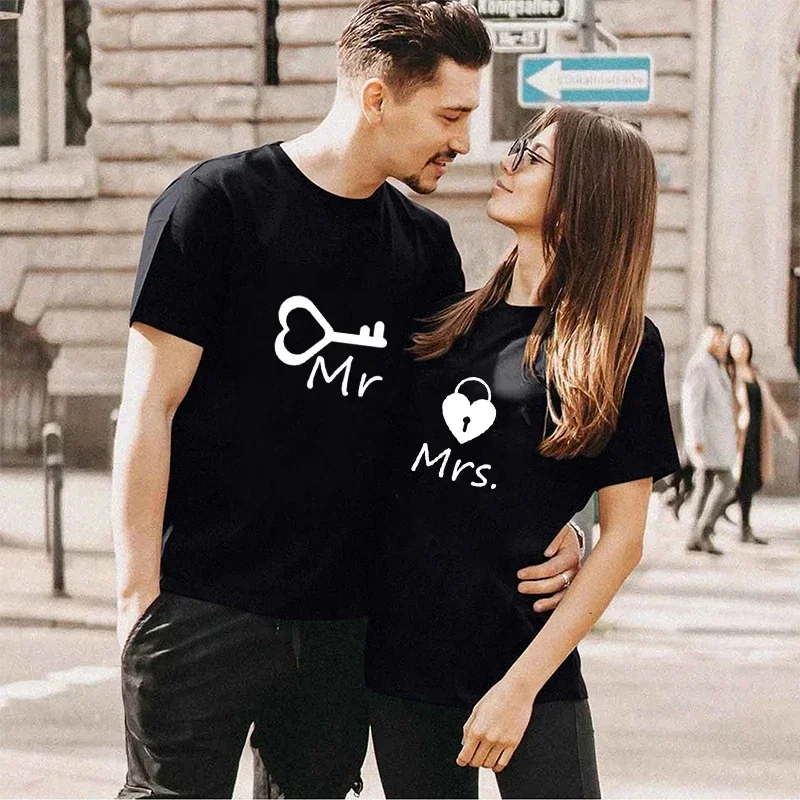 

Couples T Shirt Heart Key Lock Mr Mrs Print Couple Tshirt Summer King Queen T-shirt Casual O-Neck Tops Lovers Tee Shirt