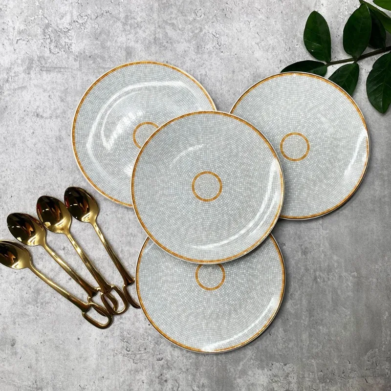 Luxury Hotel Restaurant Bone China Plate Set 6 Inch Salad Dessert Dish with Gold Spoon Fine Porcelain Tableware