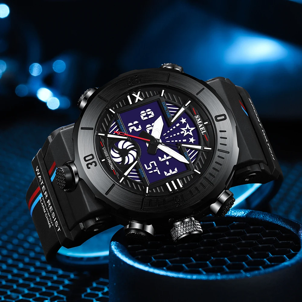 SMAEL Dual Display Watch Military Quality Mens Sports Watches Digital Alarm 8051 Military Clock Shock Led Watch Waterproof