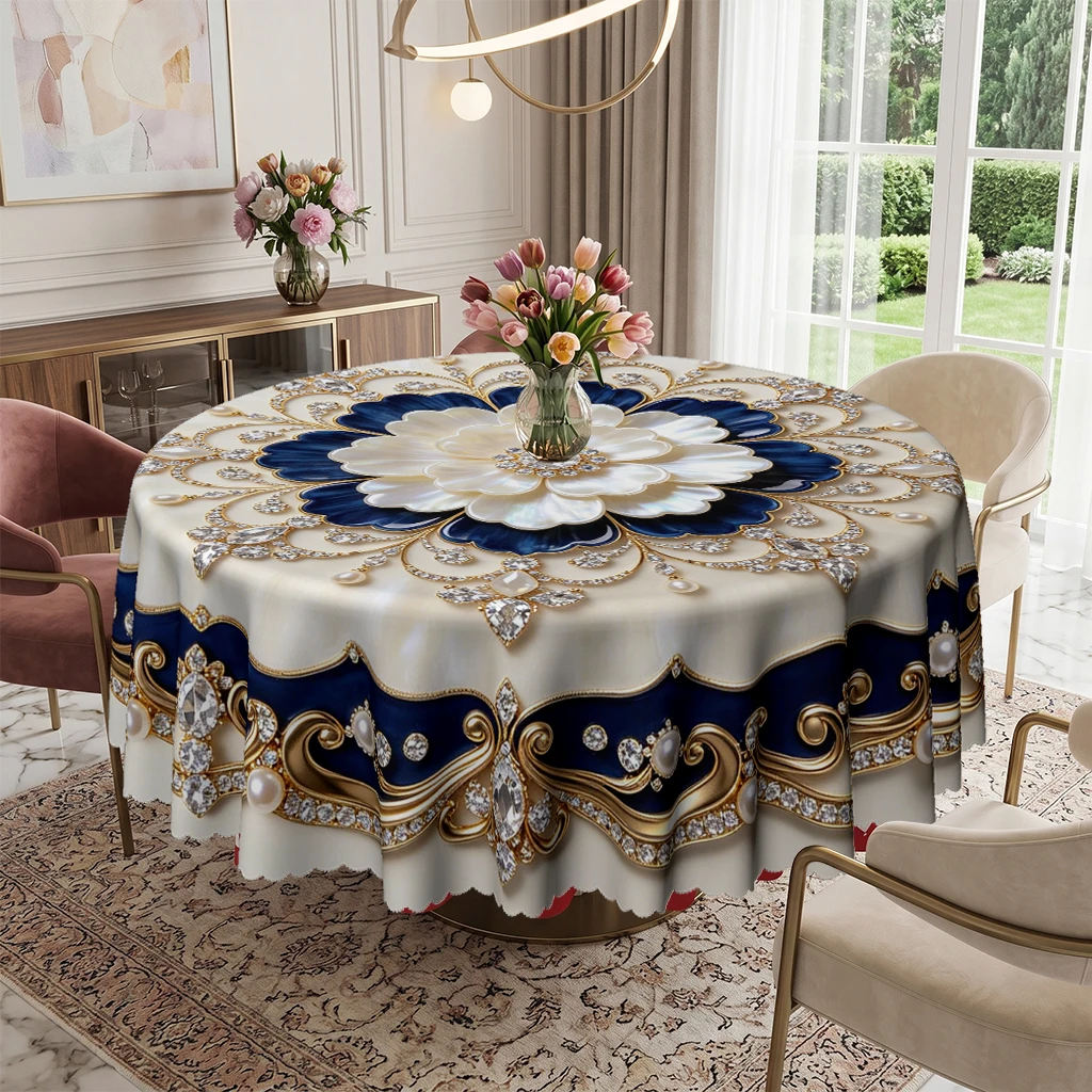 Royal Ornate Blue Gold Diamond Floral Round Tablecloth, 3D White Lotus Pearl Embossed Look Tablecover for Dining Table Cafe Restaurant Buffet Party Event Gatherings, Durable Washable Wrinkle Free Decorative Cloth for Festive Kitchen Room Decor