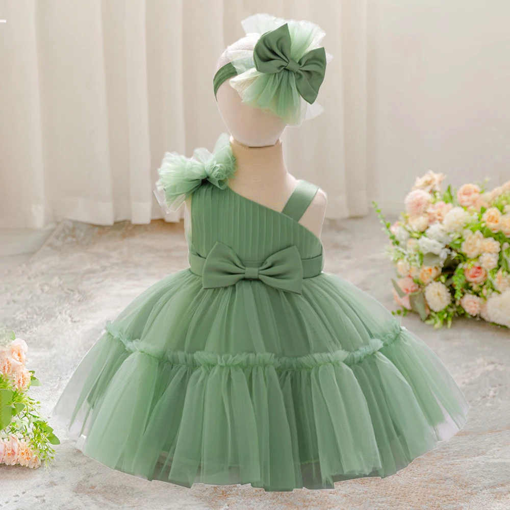 

2pcs Infant Big Bow Lace Princess Gown Birthday Party Dress For Girls Baby Girl Summer Casual Evening Clothes Kids Wedding Wear