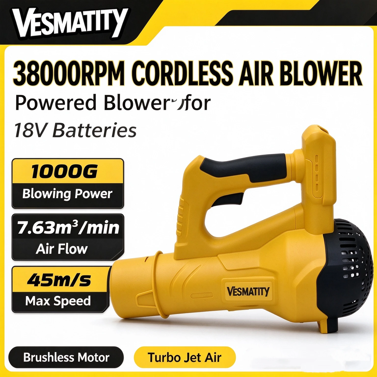Handheld Turbo Jet Leaf Blower 38000RPM Brushless Cordless Air Blower For Yard Dust Snow Car Cleaning Fit 20V Battery No Battery