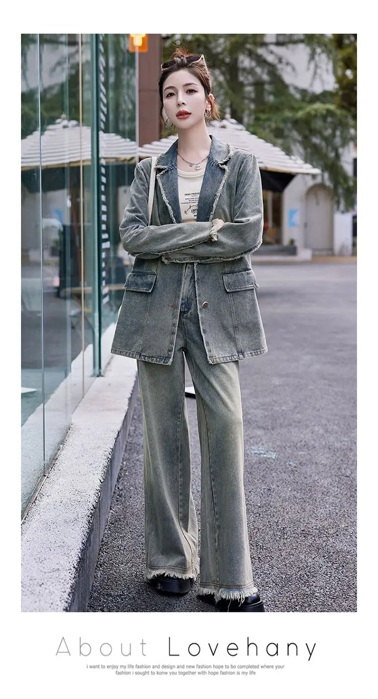 Denim Suits for Women Vintage 2024 Spring Autumn New Lapel Jacket + Wide-leg Trousers Fringe Fashion 2 Piece Set Female Clothes