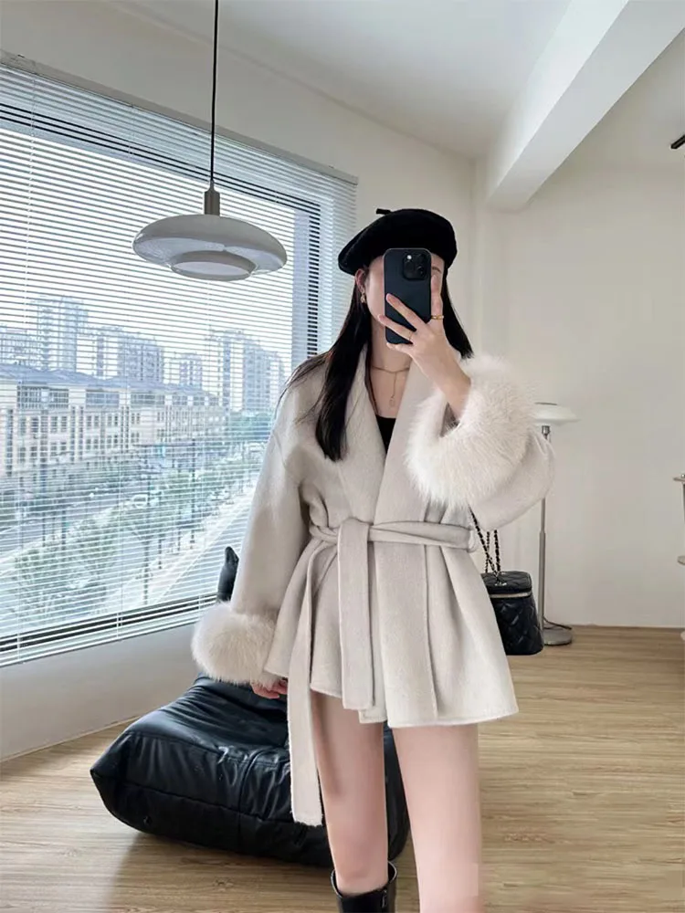 

2023 New Autumn Winter Women's 100% Real Fox Fur Cuff Wool Coat Cloak Cashmere Warm Jacket Luxury Thick Female Coats