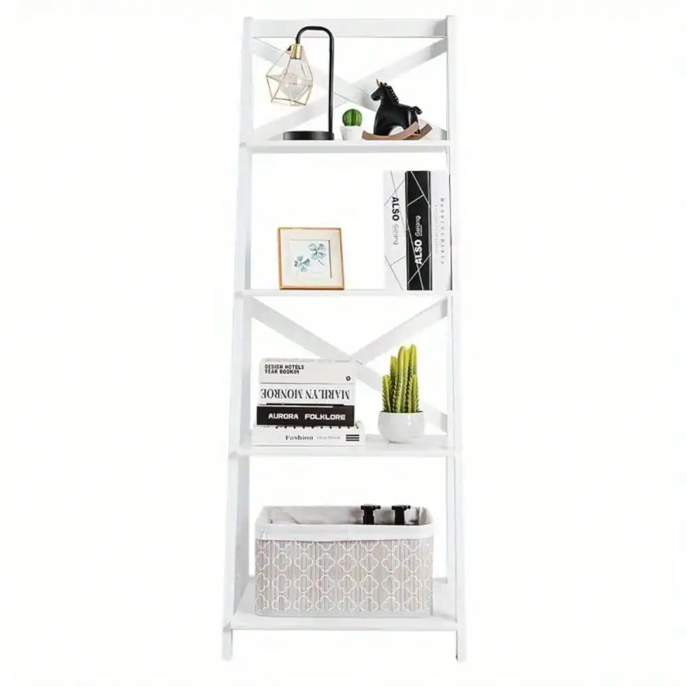 4-Tier Ladder Shelf Bookshelf Bookcase Home Display Plant Leaning Shelf White