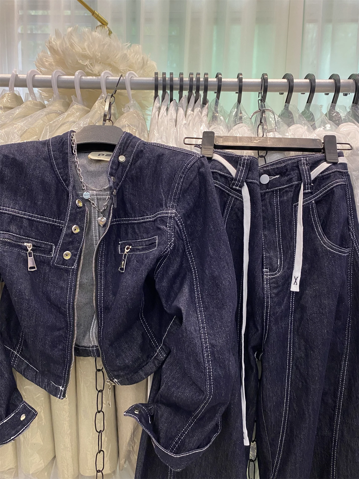 

Korean Style Zipper round Neck Denim Jacket High Waist Wide Leg Pants Two Piece Set Women's Fashion Warm Autumn Casual Wear