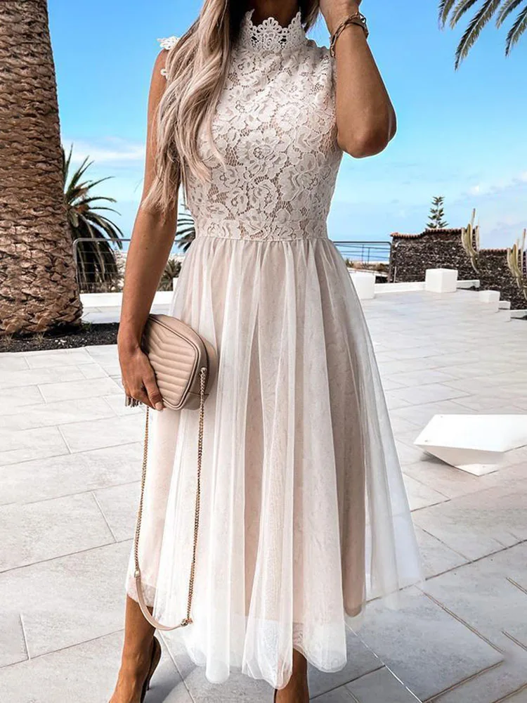 Summer Elegant White Women Dress Fashion Hook Flower Hollow Lace Mesh senza maniche Boho Midi Dresses for Women Streetwear Robe