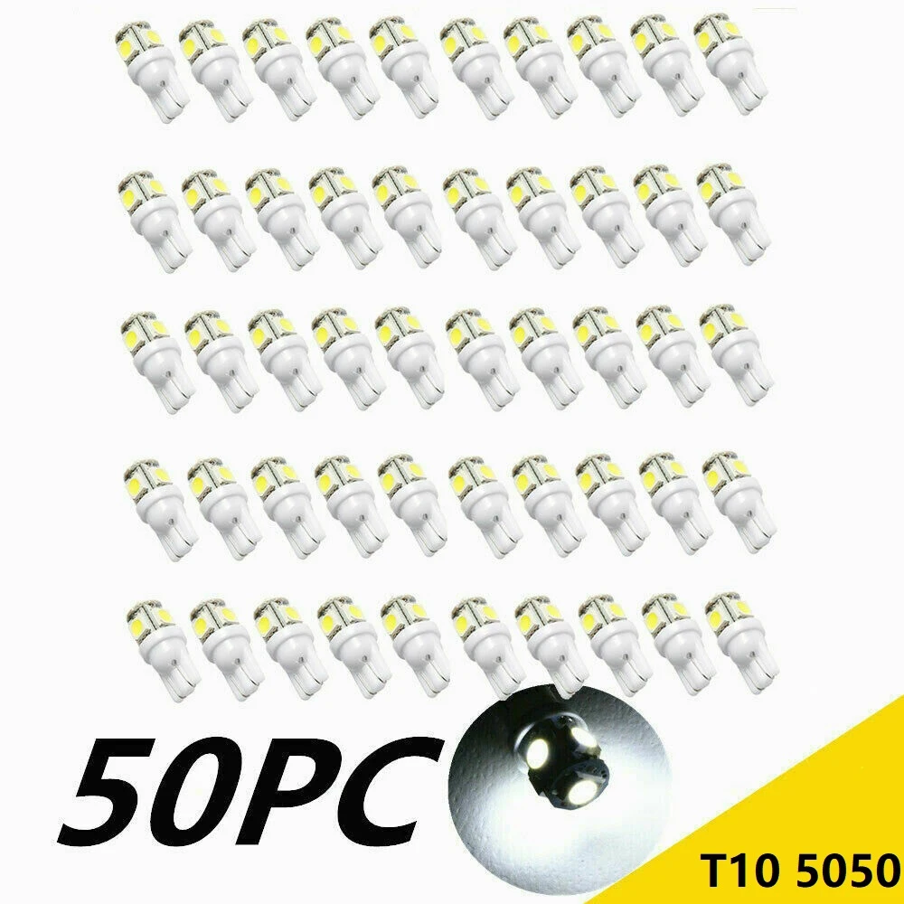 슈퍼 화이트 T10 웨지 5-SMD 5050 LED 전구, W5W 2825 158 192 168 194, 50 개