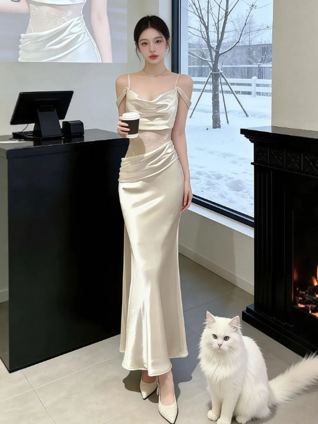 

Korean Sle Ele Long Dr High Waist Strapl Gown Suitable for Various Ocns Spring Season Cotton Blend Dr