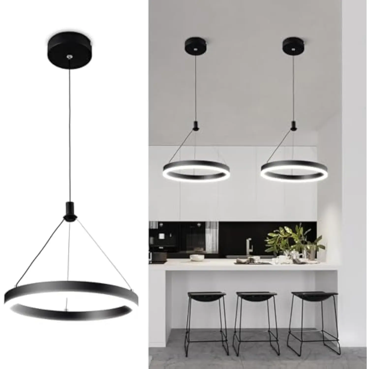 

Modern LED Chandelier,Black Pendant Light Fixture with Circular Ring Lights，Adjustable Height Chandeliers with Circular Ring Sh