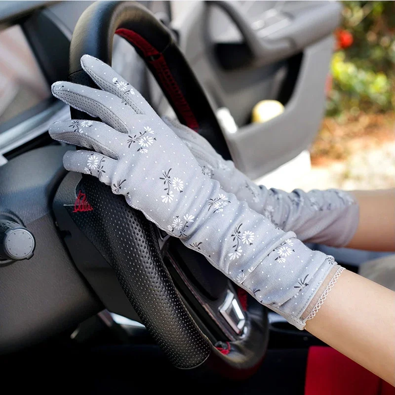 Medium-long Touch Screen Female Thin Anti-ultraviolet Summer Riding Non-slip Cotton Breathable Finger Sunscreen Driving Gloves