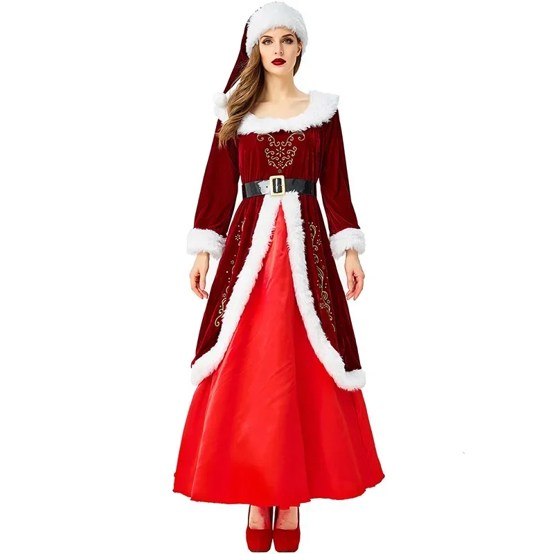 Adulto papai noel traje para mulheres homens crianças meninas plus size papai noel ajudante veludo trajes de natal para festa