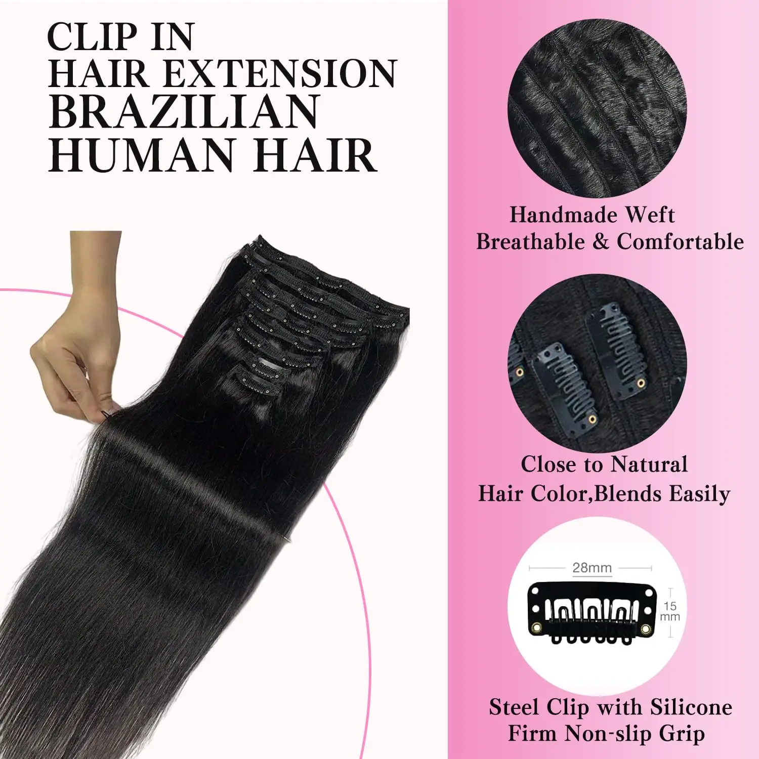 Clip In Extension Full Head for Women 120G Per Pack Brazilian Remy Human Hair Natural Color 16To26 Inches Clip In Hair Extension