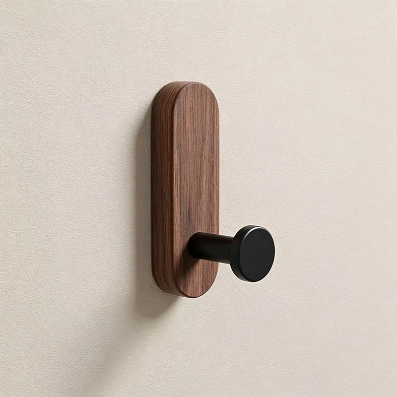 Self Adhesive Walnut Wood Wall Hooks, No Drill Wall Mounted Hanger for Coat Towel Hat Backpack Robe Entryway Key Holder
