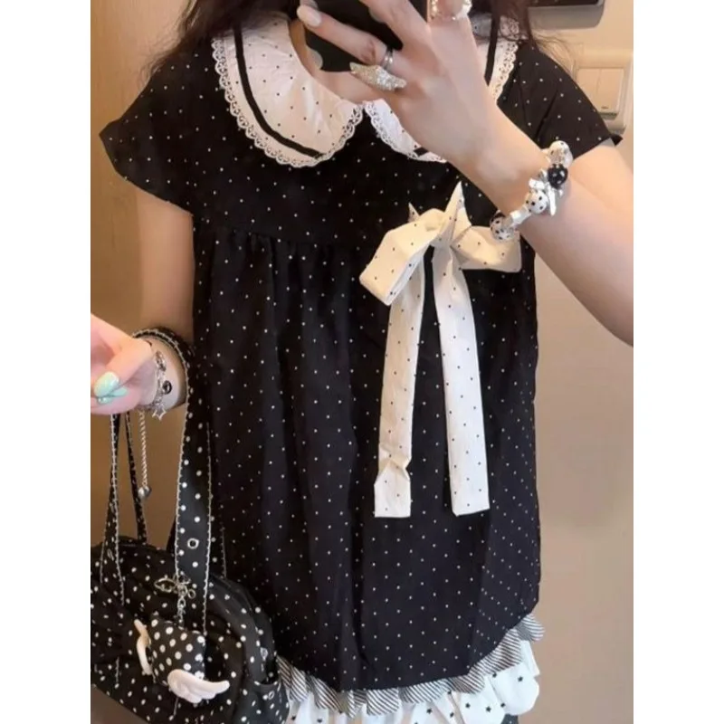Japanese Vintage Harajuku Polka Dot Neck Short Sleeved Top Chic Pleated Mini Cake Skirt Light Asian Y2k Cute Two-piece Set