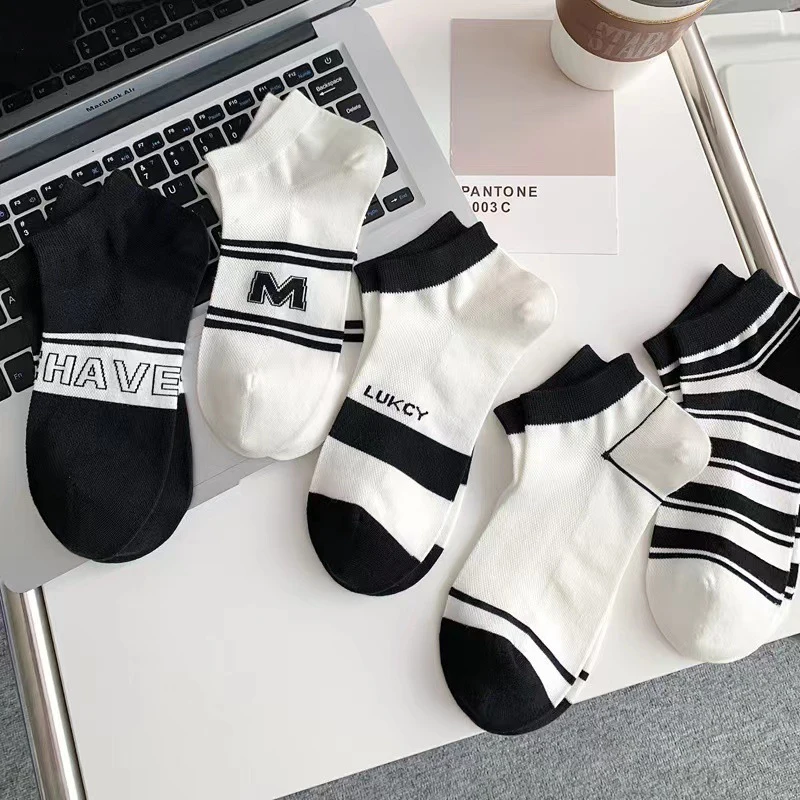 5Pairs High Quality Men Ankle Letter Socks Breathable Sports Socks Mesh Casual Athletic Summer Thin Cut Short Sokken