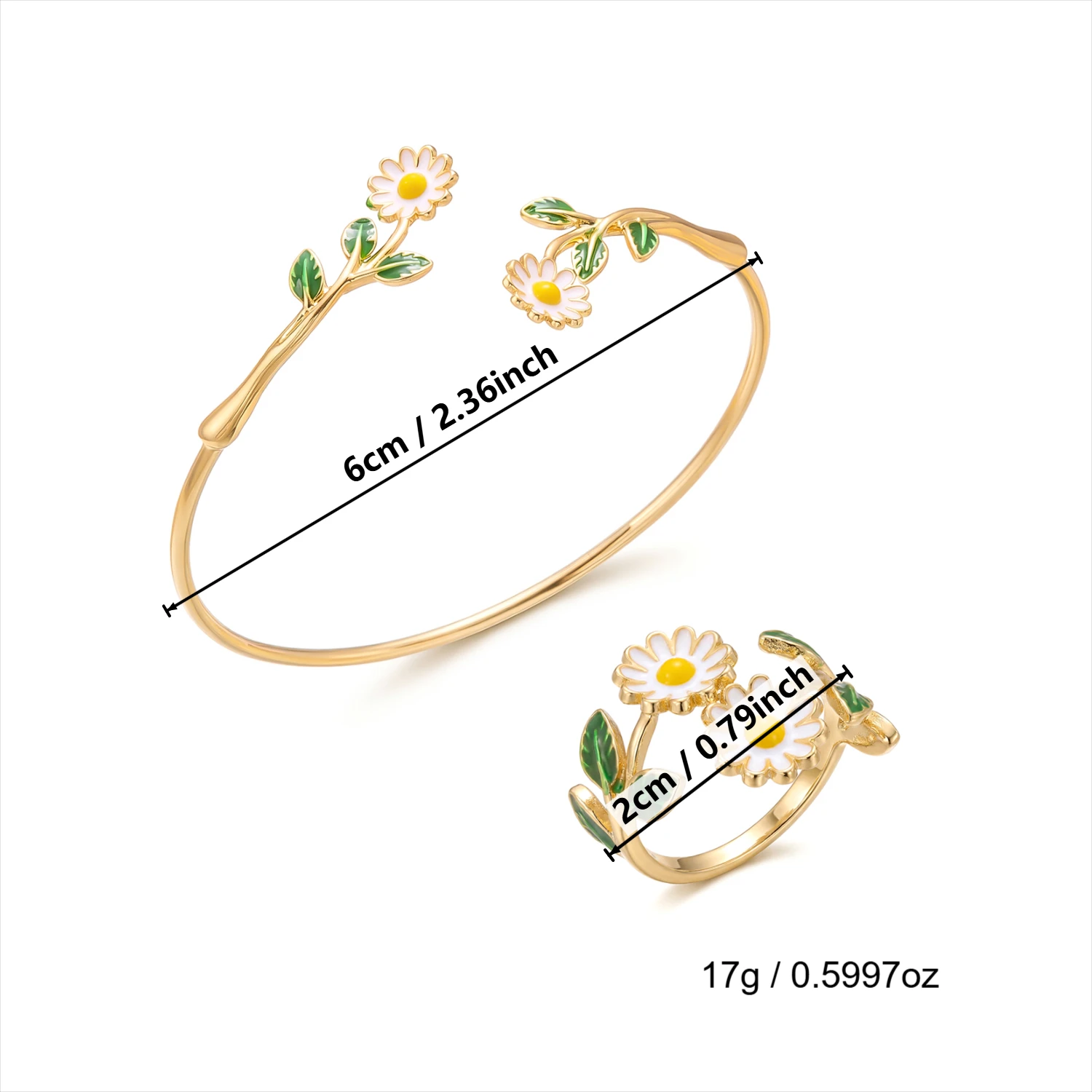 2-teiliges Elegantes Sonnenblumen-Armband und Ring Set für Damen, Emaille-Gänseblümchen Blumen-Manschette Armreif Fingerring Charms Party Hochzeit Schmuck – Detail 8