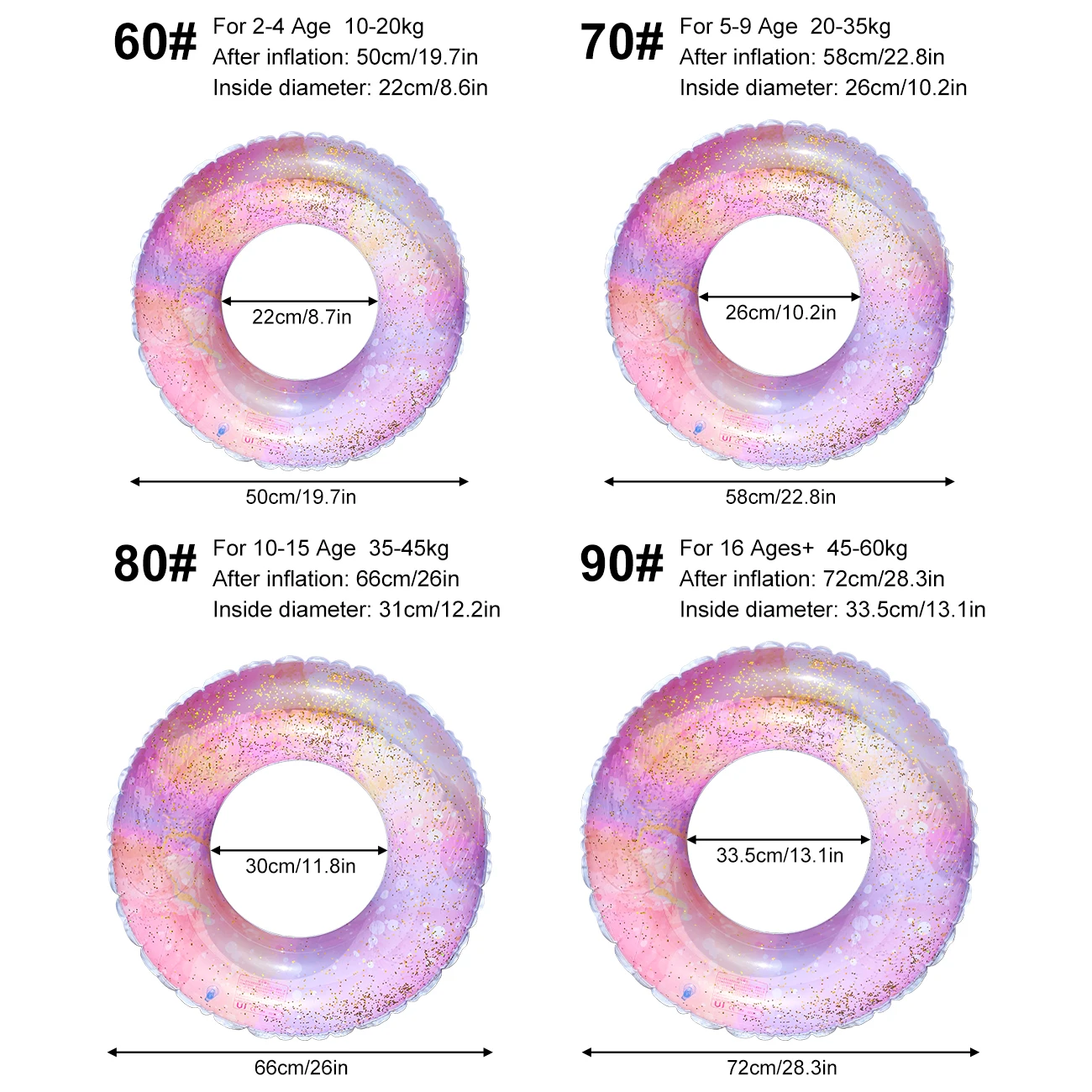 1個 グリッタープールフロート 夏用水泳リング、ビーチとプール水泳補助具、プールパーティー用ウォーターセーフティギアビーチトイ