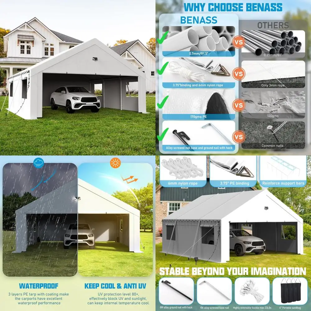 

20x20 carport, heavy duty carport canopy garage with removable sidewalls and drive through roll up zipper doors, white