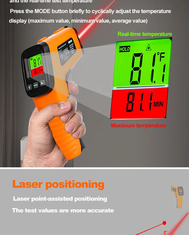 Hochempfindliche digitale Infrarot-Messpistole, Hygrometer, Hintergrundbeleuchtung, Bildschirm, Laserpositionierung, berührungslose Temperatur – Detail 8
