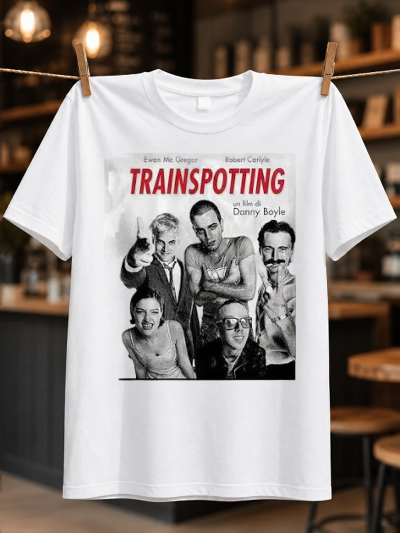 Trainspotting cast poster in   and red with vintage film credit layout and iconic title Retro  Unisex All T-Shirt