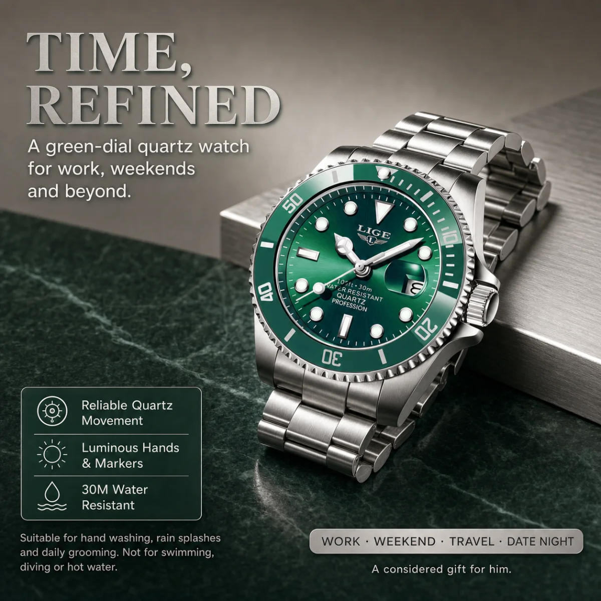 LIGE 2026 Men Quartz Watch Classic Wristwatch 30M‑Waterproof Luminous Date Display Male Business Sports Watch Relogio Masculino