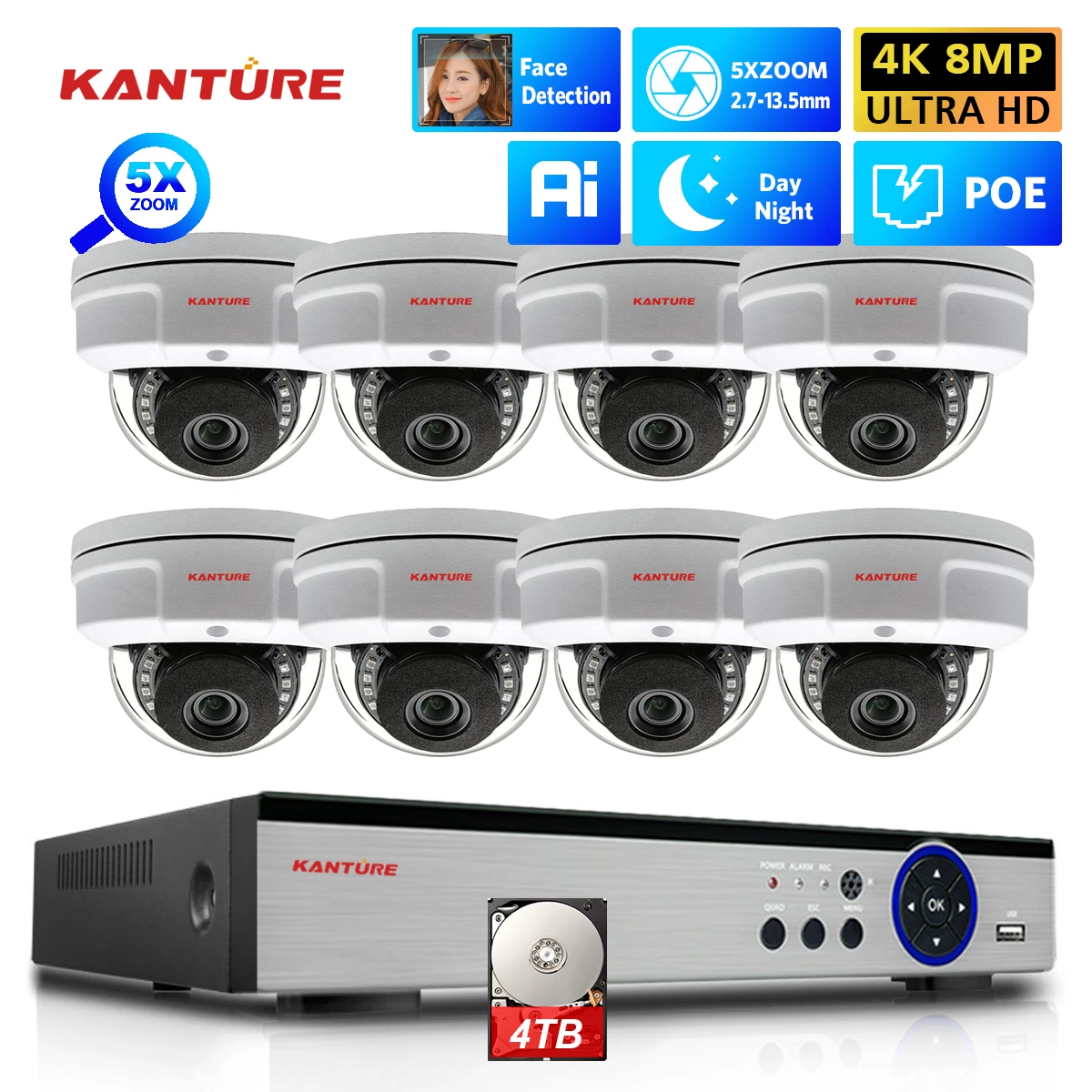 8CH CCTV Security System 4K 2.7-13.5MM 5X ZOOM Dome Camera 8MP Ai Face Detect Waterproof 8CH P2P Video Surveillance NVR Set