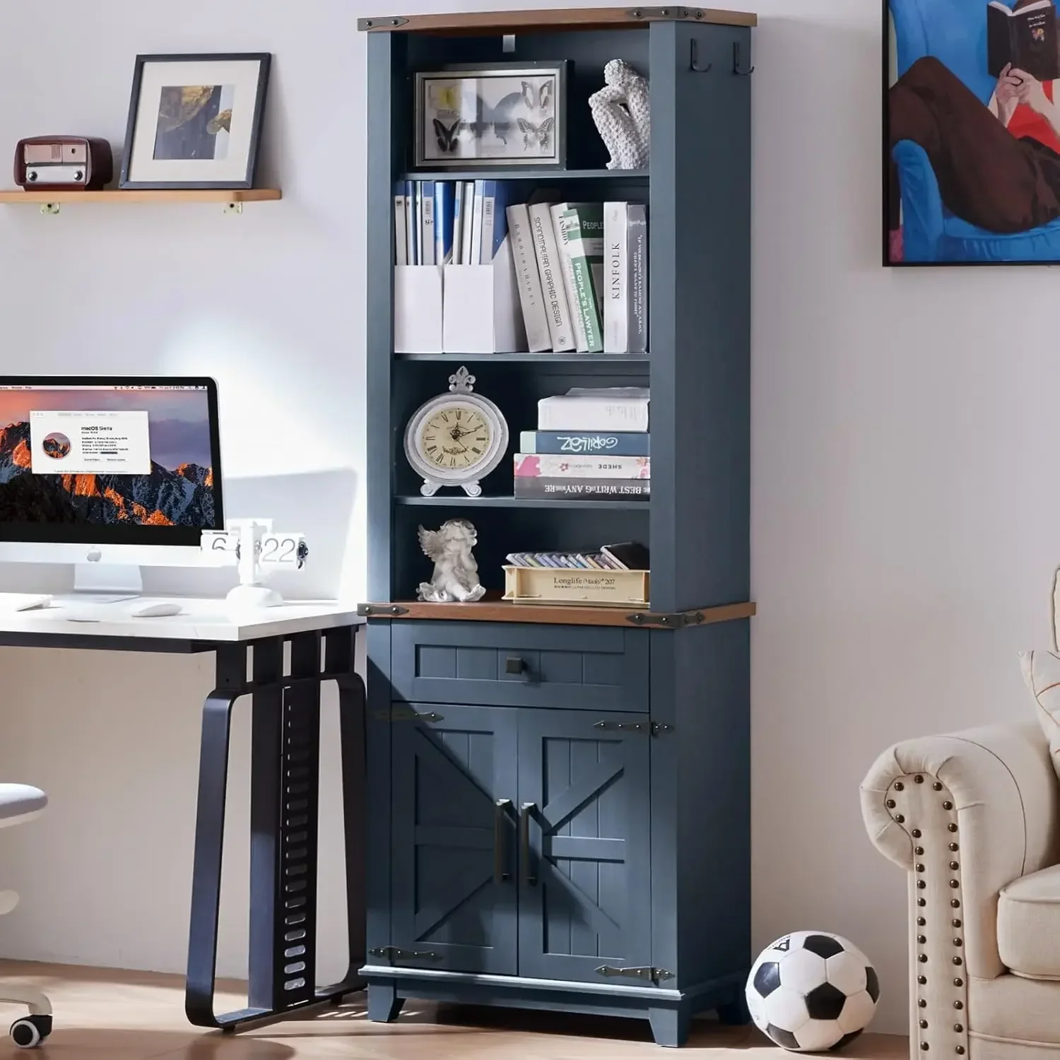 Blue 72 Inch 7 Tier Farmhouse Wood Bookshelf with Drawer Barn Doors and Adjustable Shelves