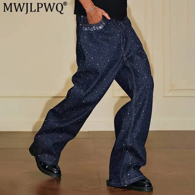 MWJLPWQ Sky Sparkling Diamond Snowflake Jeans Men's High Street Fashion Starry Pattern Loose Fit Denim Wide Leg Trousers 17497