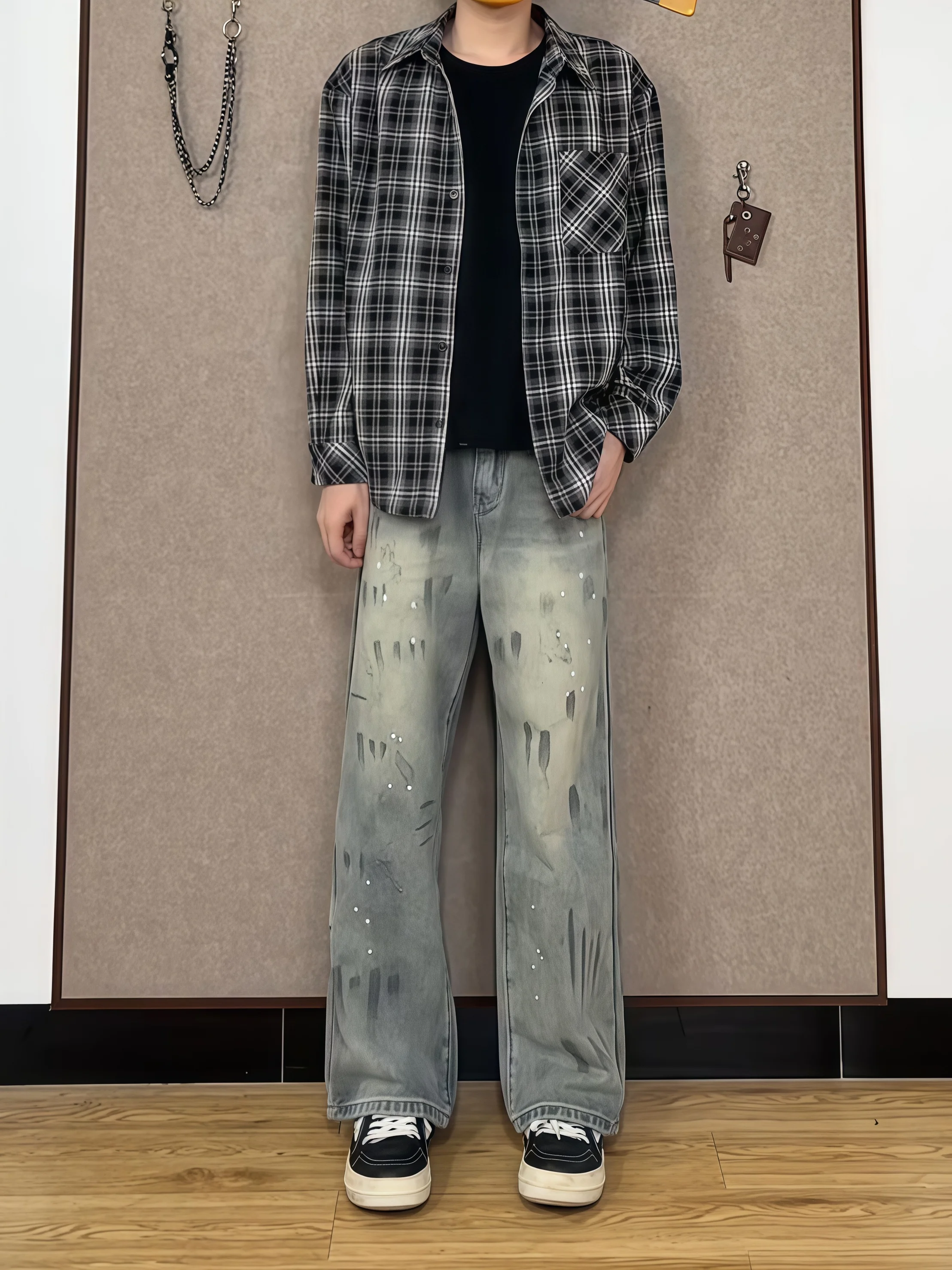 

Американские мужские джинсы в стиле ретро с принтом тай-дай, прямые брюки с высокой талией, утягивающие расклешенные брюки, повседневные молодежные брюки из хлопка и полиэстера