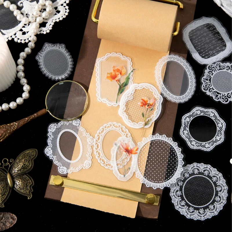 1pack/20pcs Elegant Vintage Lace Border Floral Mix Stickers Hollow Lace Flower Frame Decor Stickers for Romantic Journal Collage