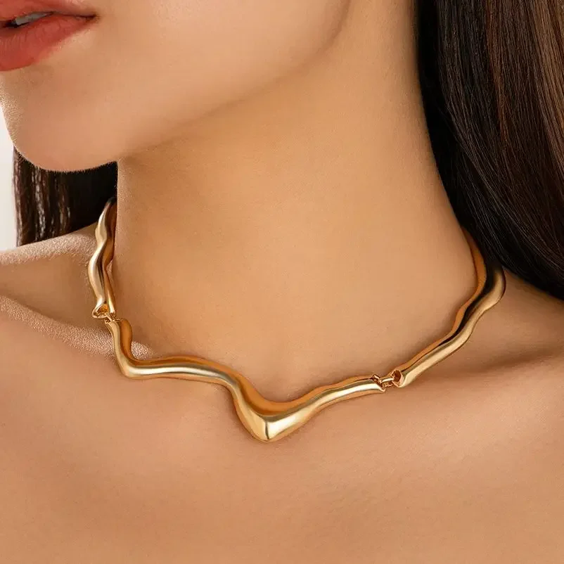 KunJoe Sexy Irregular Wave Chokers Necklace for Women Punk Creative Gold Color Geometry Torques Neck Chain Wedding Party Jewelry