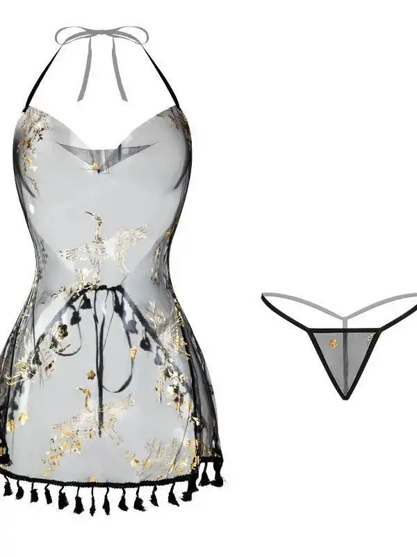 Chemise de nuit transparente pour femmes, Sexy, col licou, bretelles, fente à lacets, dos nu, gaze douce, débardeur élégant, Mini robe QZA7