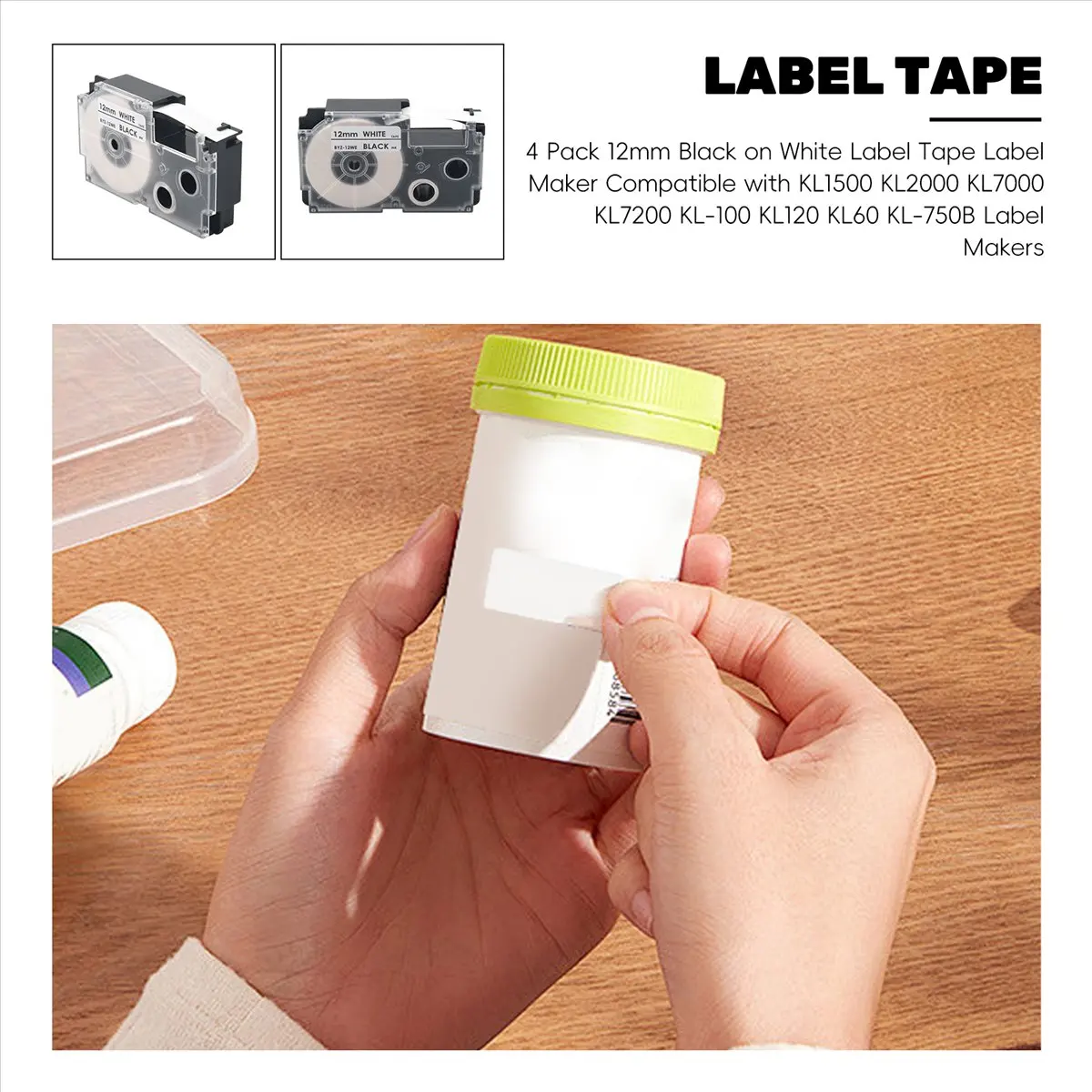 A78I 4 Pack 12mm Black on White Label Tape Label Maker Compatible with KL1500 KL2000 KL7000 KL7200 -100 KL120 KL60 -750B Label M