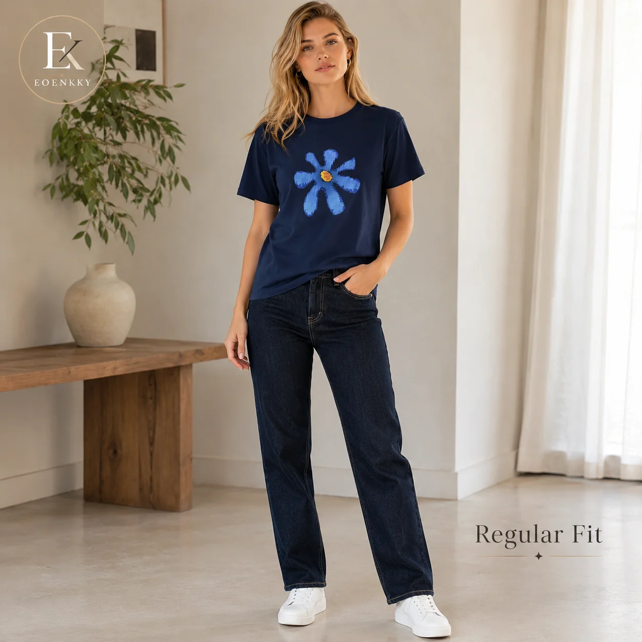 EOENKKY Women Cotton Blue Flower Graphic T Shirt Summer Crew Neck Short Sleeve Regular Fit Casual Tee S-3XL
