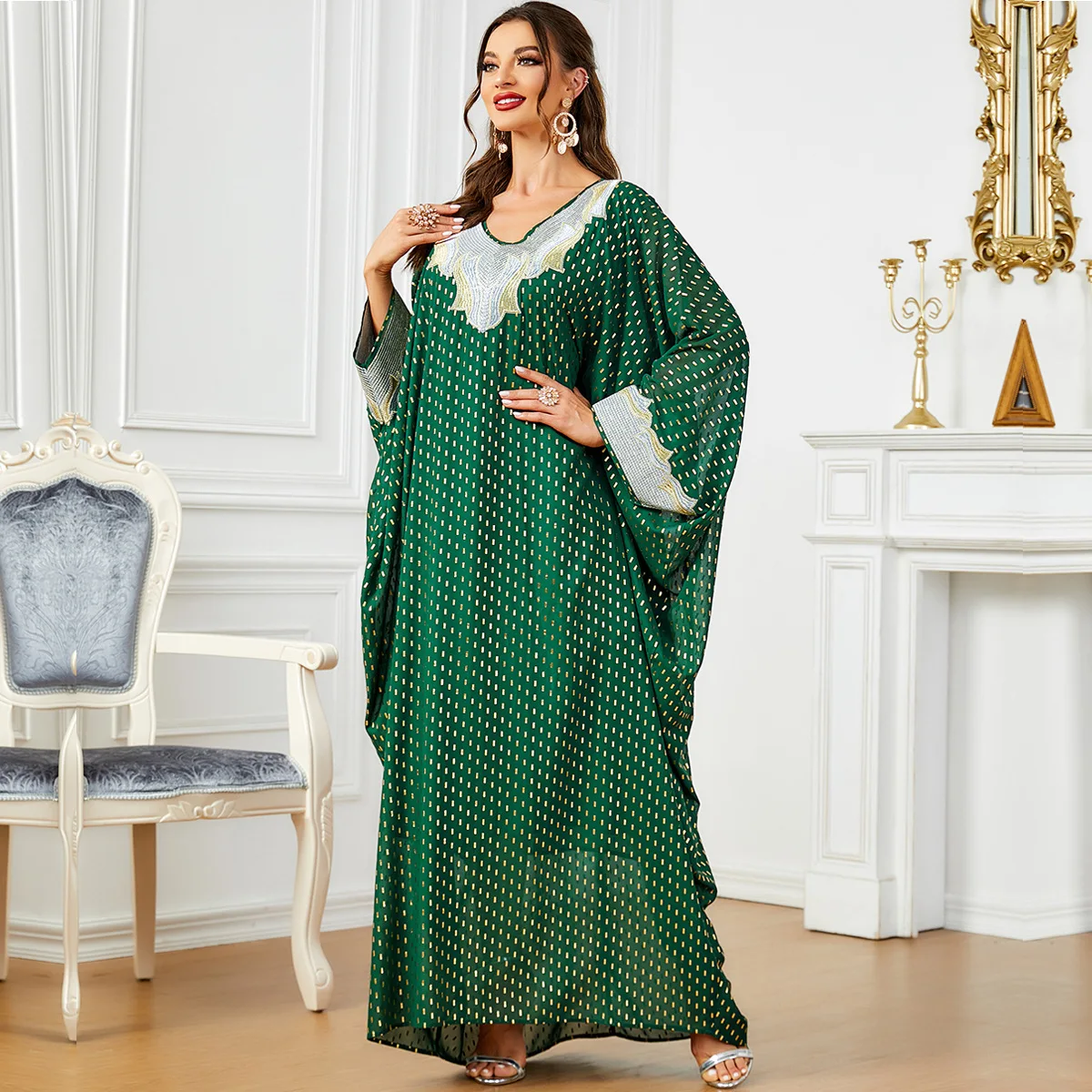 Abaya For Women Ramadan Bat Sleeves Arabic Green Polka Dot Gilded Women's Super Loose Mushim Dress Fashion V-neck Women Clothing