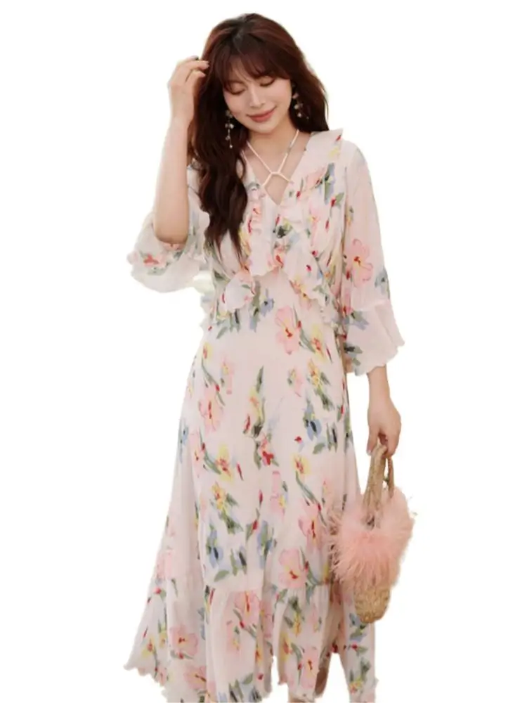 

Elegant Luxury Party Dress Summer Chiffon Women's Dress 2024 New High Quality Cross Ruffle V-Neck Beach Dress 5XL