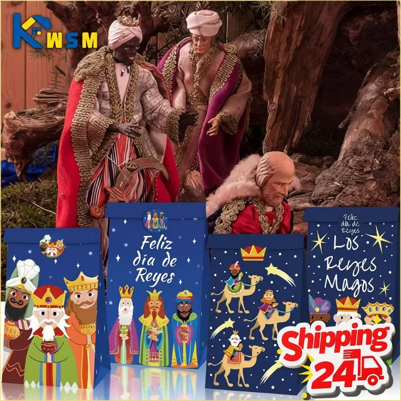 Goody-Taschen aus Kraftpapier für Weihnachten, Partyzubehör mit drei Königern, spanische Weihnachtsfeier, Süßigkeiten-Geschenkbeutel für Kinder