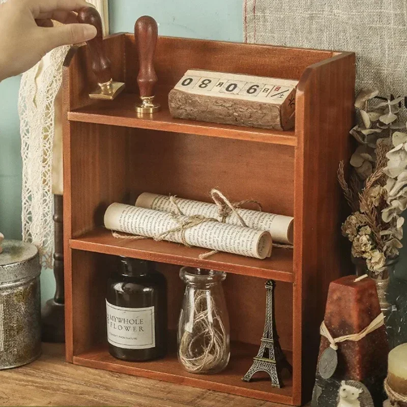 Solid Wood Retro Storage Rack Desktop Three-Layer Organizer Multi-Layer Cosmetics Storage Cabinet Vintage Makeup Holder