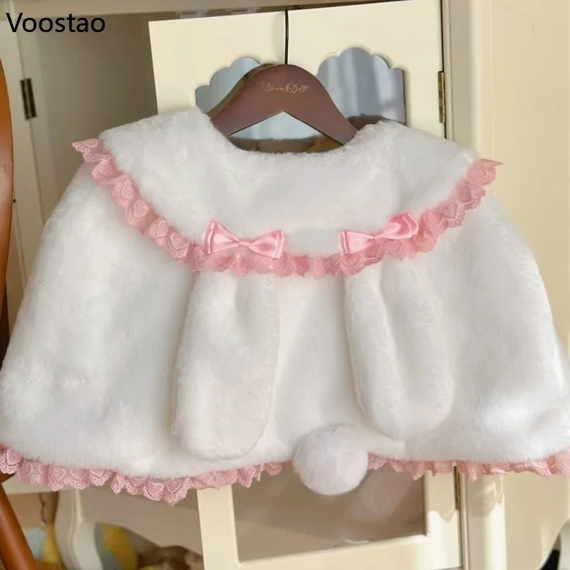 Autumn Winter Kawaii Lolita Shawl Coat Women Sweet Bow Peter Pan Collar Bunny Ears Warm Plush Capes Cute Short Jackets Ponchos